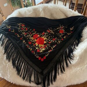 Elegant Black Floral Embroidered Shawl